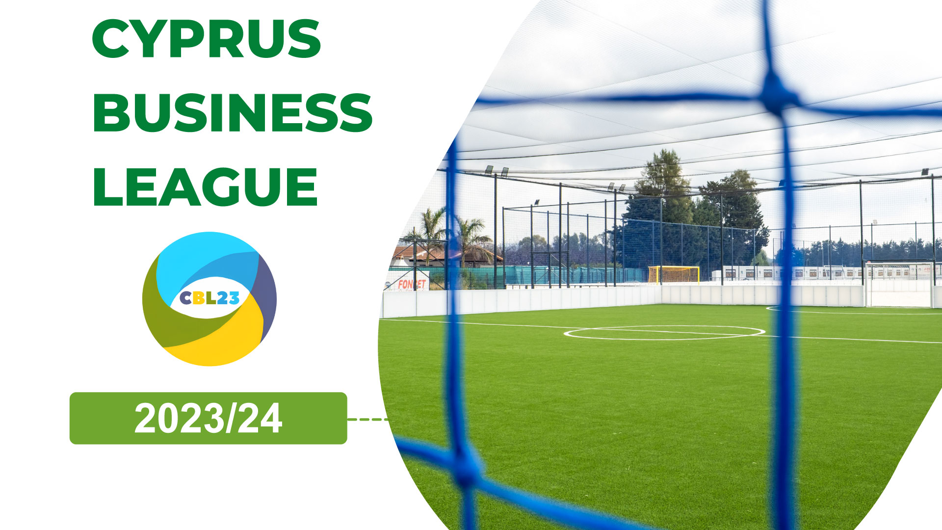 Logo of the Cyprus Business League on a background of a football field, representing the energy and competitive spirit of the tournament.